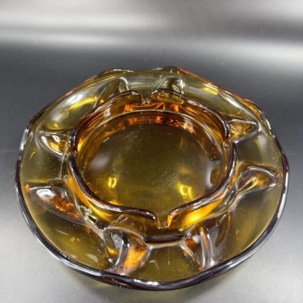 1960s Vintage Amber‎ Glass Ashtray Dish Wavy Edges Vintage Glass Decor 8 In Wide